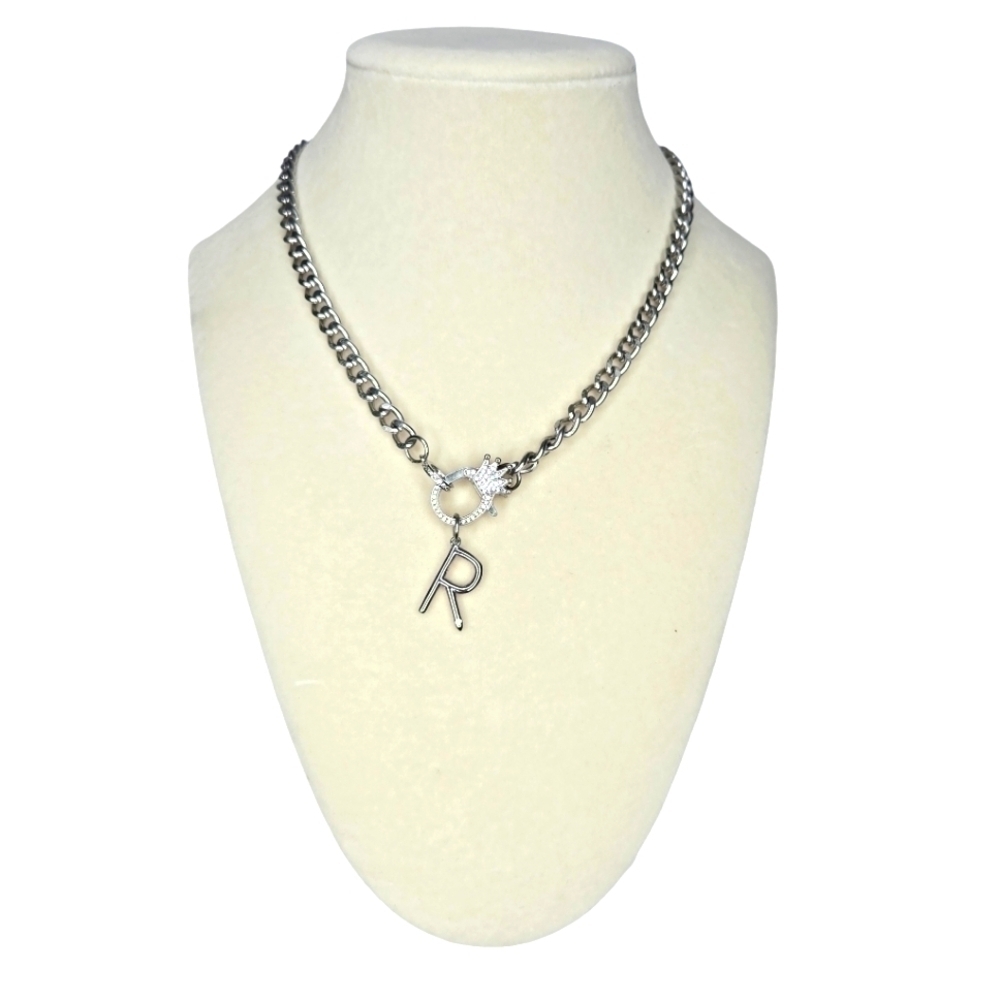 Melania Clara Silver Pave Queen Crown Initial R Cuban Link Chain Necklace